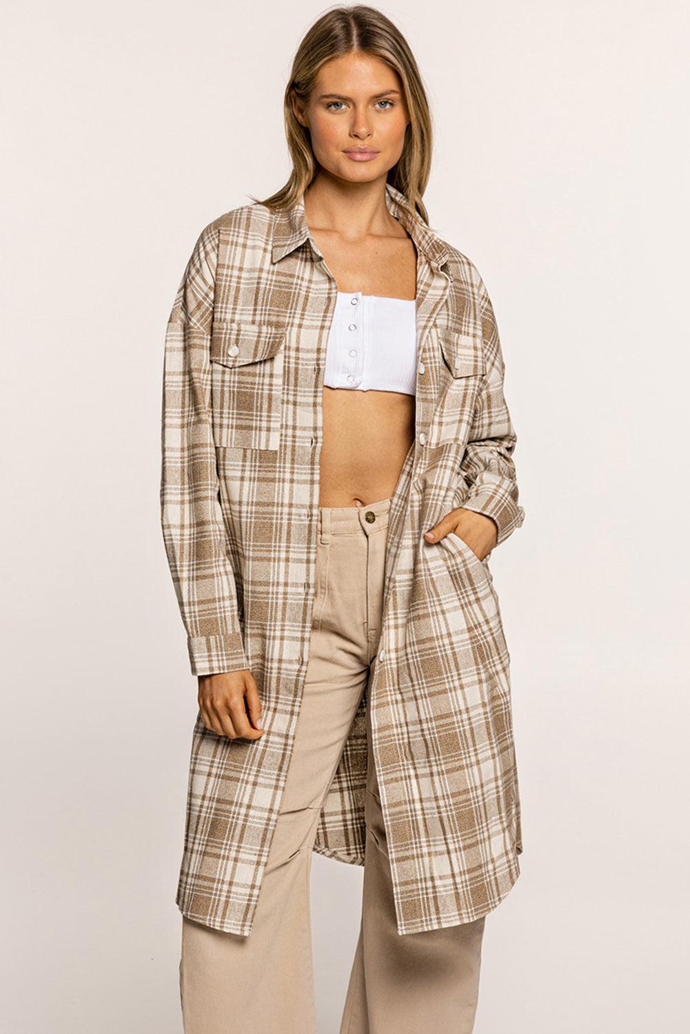 Plaid Button-Up Longline Shacket with Breast Pockets BLUE ZONE PLANET