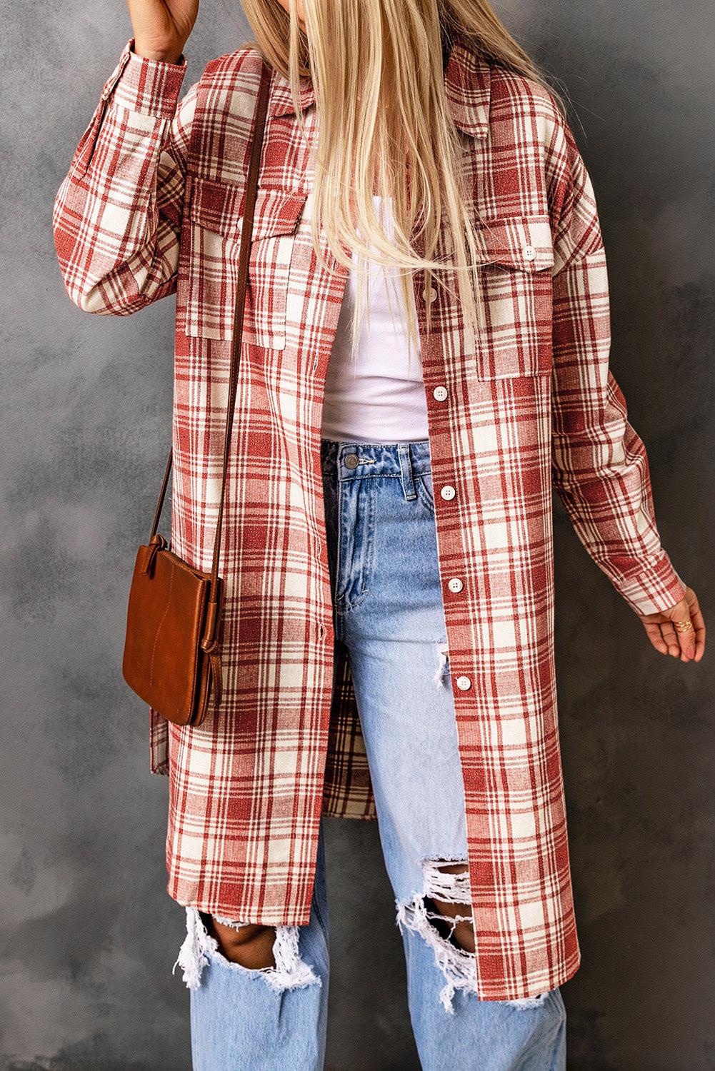 Plaid Button-Up Longline Shacket with Breast Pockets BLUE ZONE PLANET