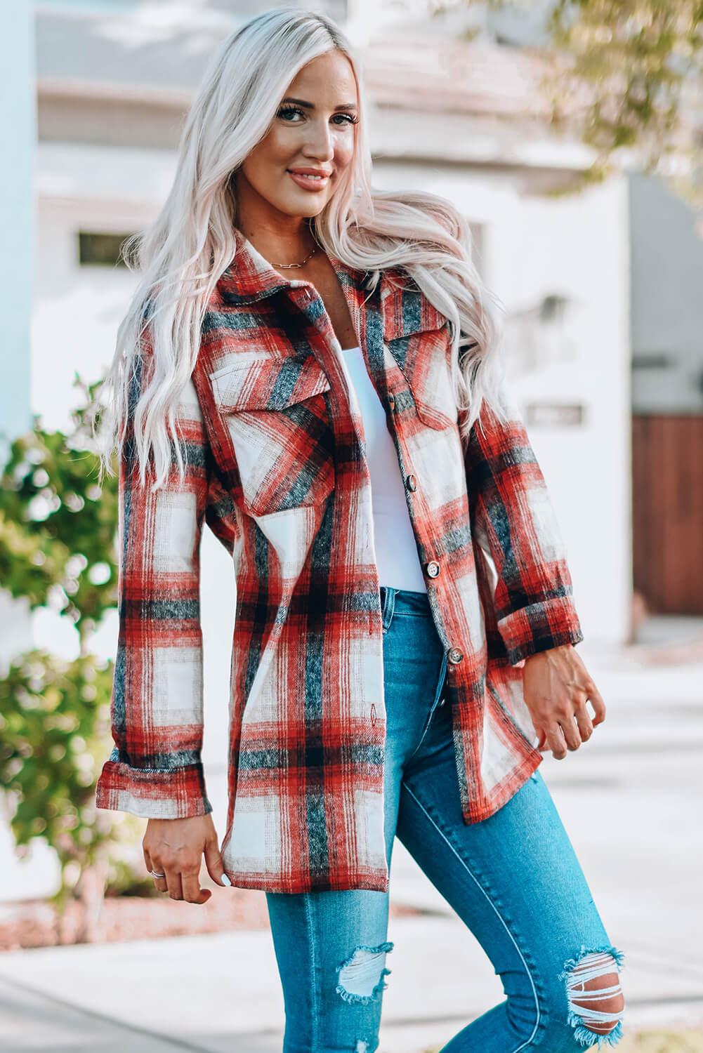 Plaid Button Up Shirt Jacket with Pockets BLUE ZONE PLANET