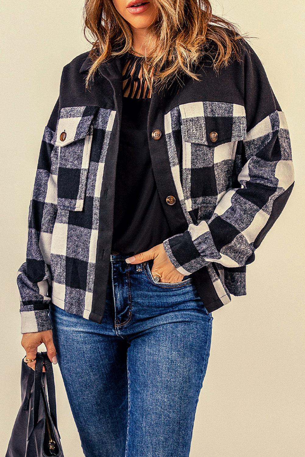 Plaid Button-Up Shirt Jacket with Pockets BLUE ZONE PLANET