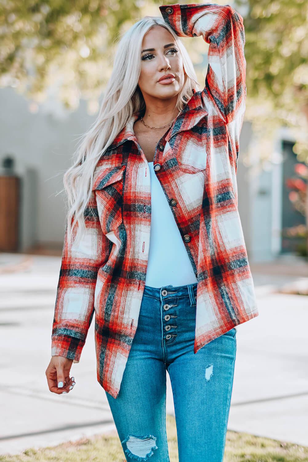Plaid Button Up Shirt Jacket with Pockets BLUE ZONE PLANET