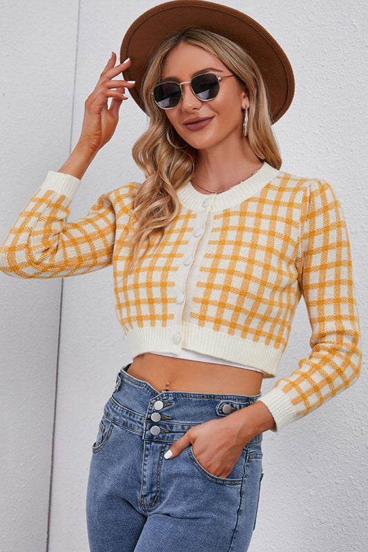 Plaid Buttoned Cropped Cardigan-TOPS / DRESSES-[Adult]-[Female]-Mustard-One Size-2022 Online Blue Zone Planet