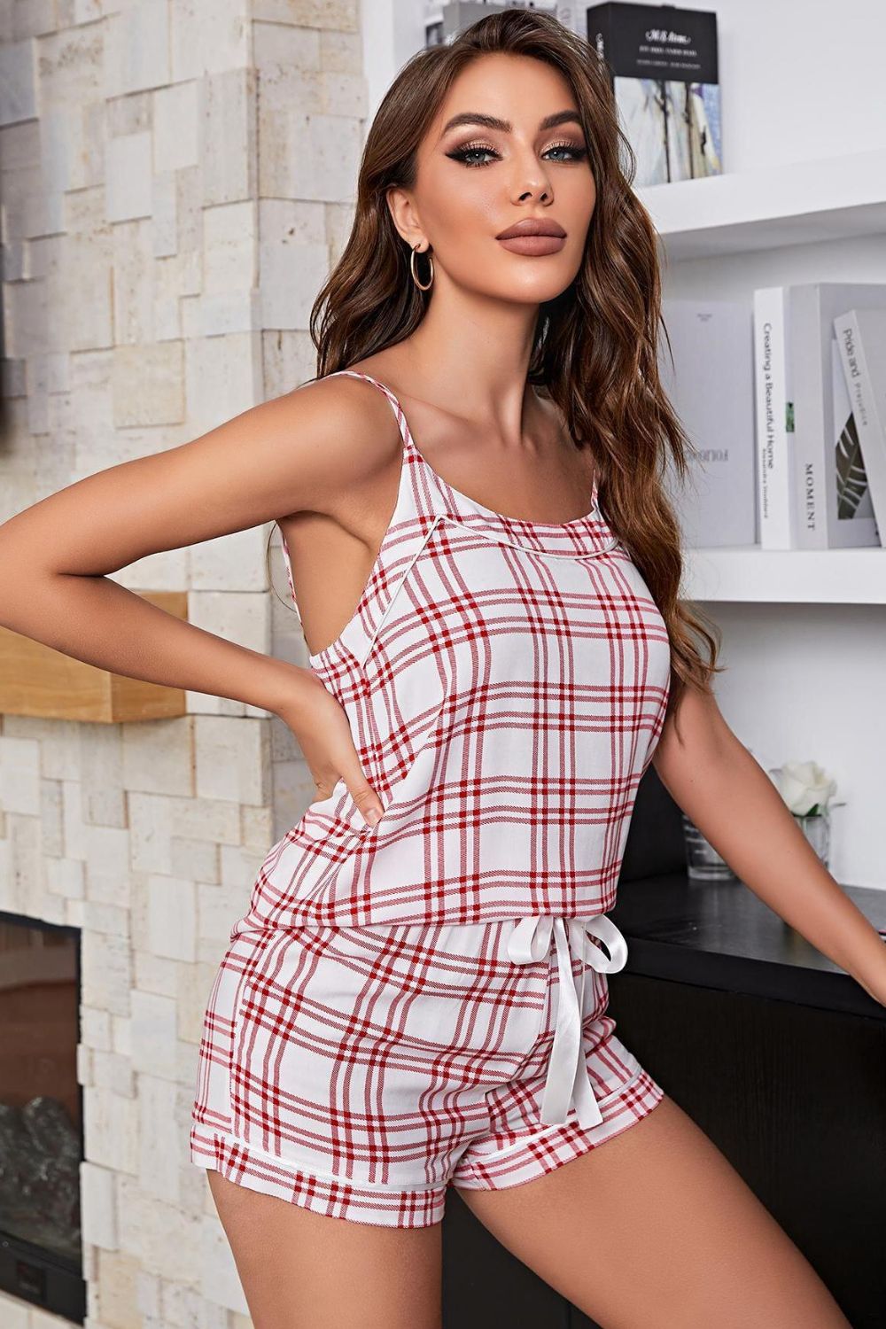 Plaid Cami and Tie-Front Shorts Pajama Set-TOPS / DRESSES-[Adult]-[Female]-2022 Online Blue Zone Planet