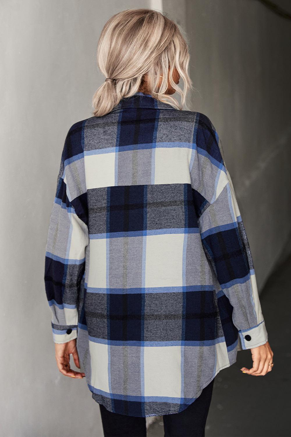 Plaid Collared Neck Longline Shirt BLUE ZONE PLANET