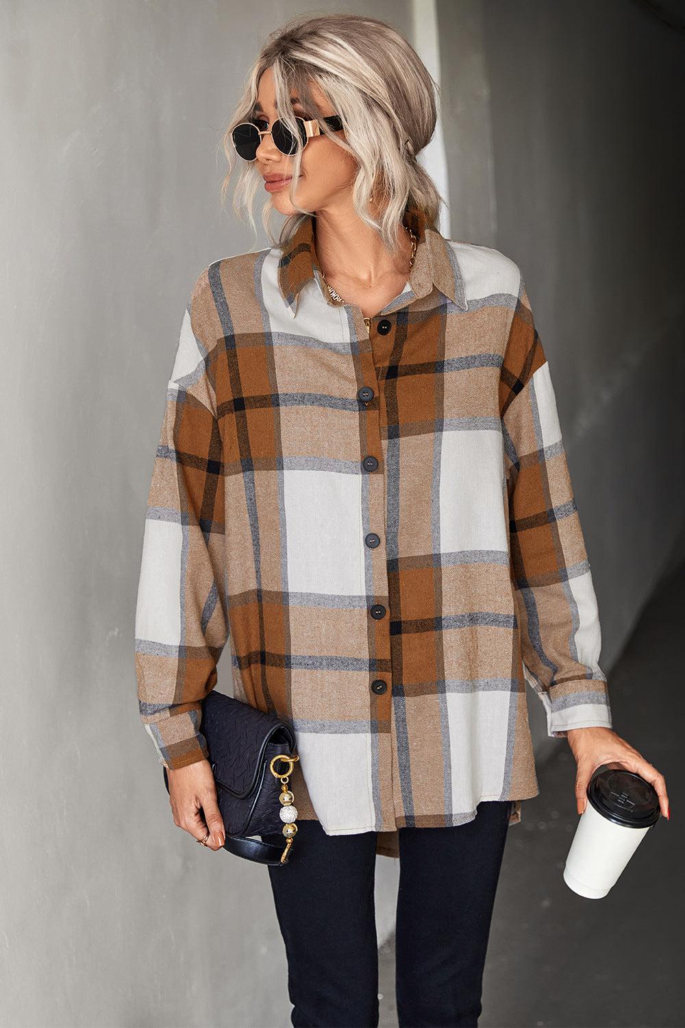 Plaid Collared Neck Longline Shirt-TOPS / DRESSES-[Adult]-[Female]-Brown-S-Blue Zone Planet