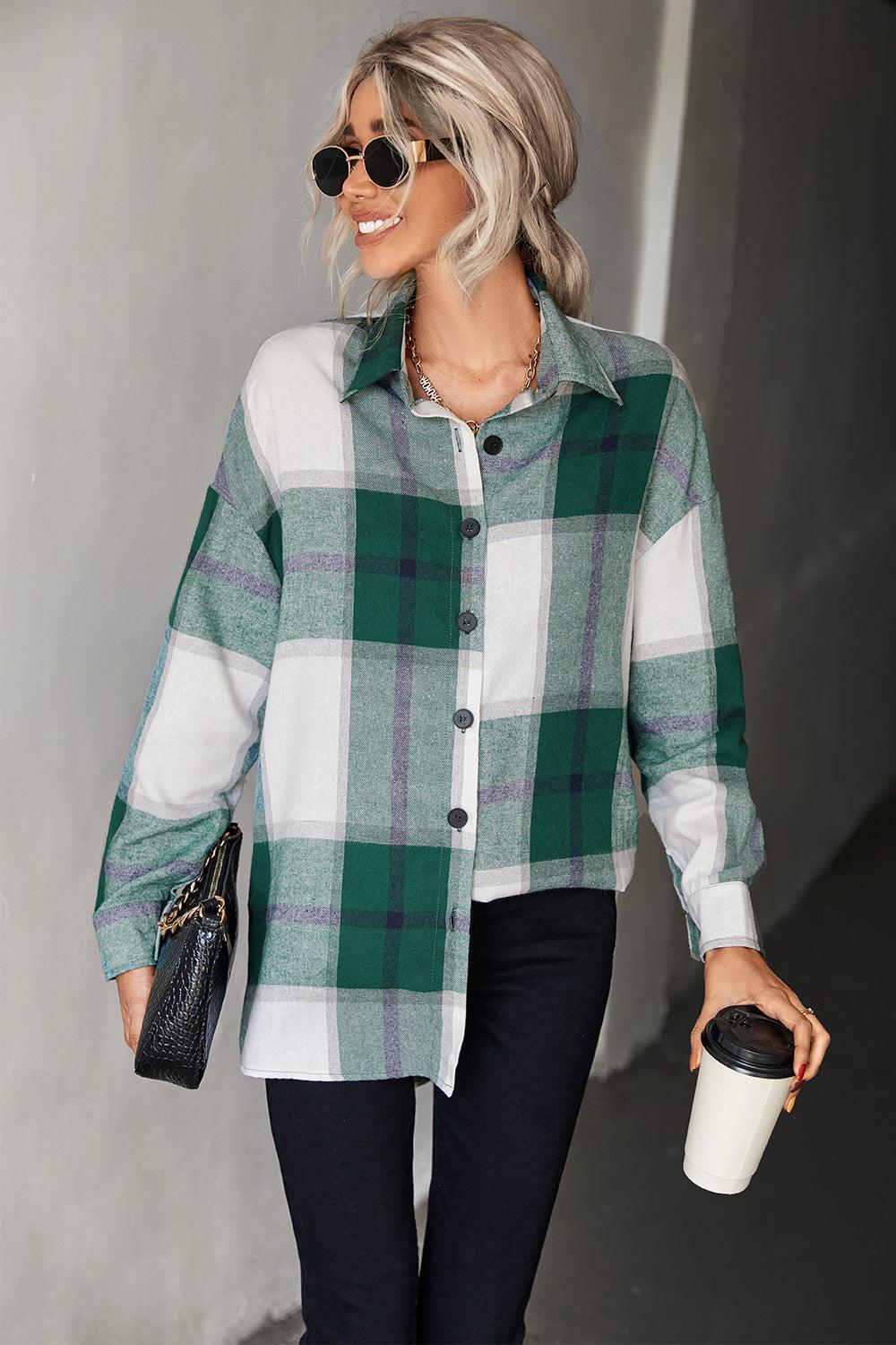 Plaid Collared Neck Longline Shirt-TOPS / DRESSES-[Adult]-[Female]-Green-S-Blue Zone Planet