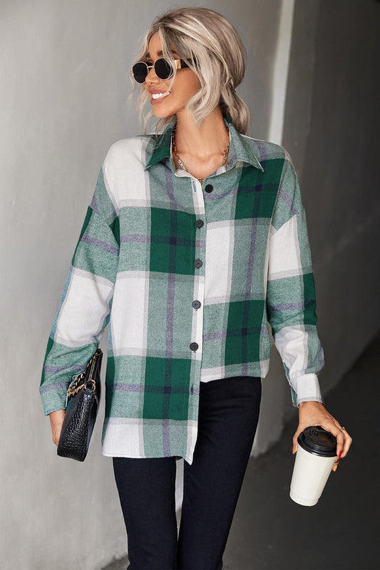 Plaid Collared Neck Longline Shirt BLUE ZONE PLANET