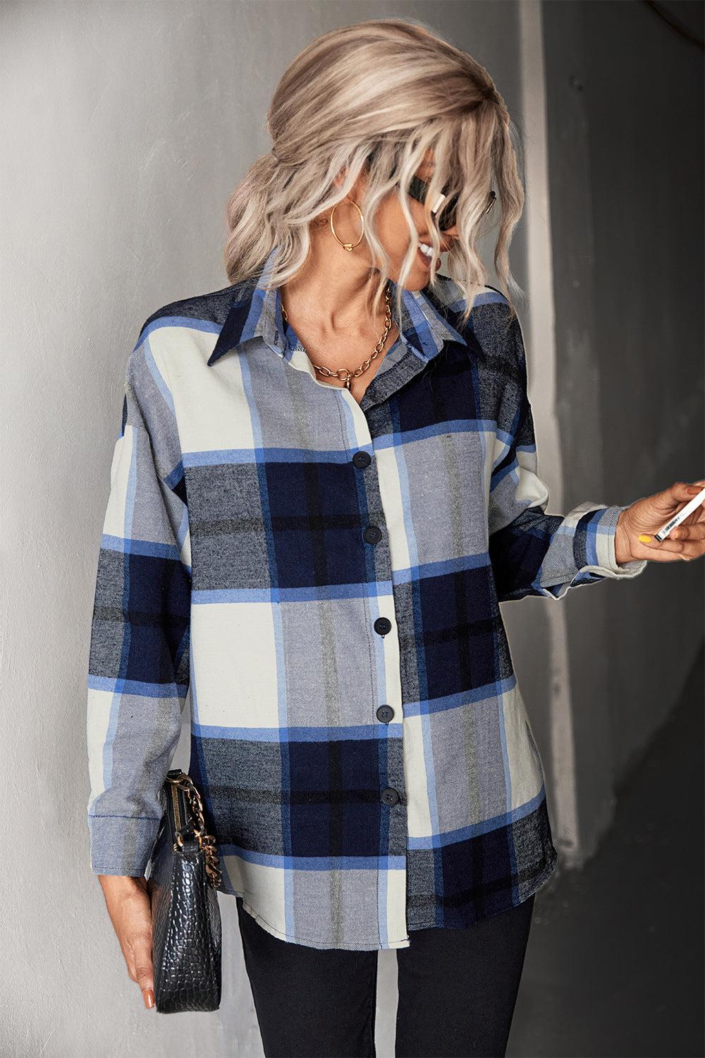 Plaid Collared Neck Longline Shirt-TOPS / DRESSES-[Adult]-[Female]-Navy-S-Blue Zone Planet
