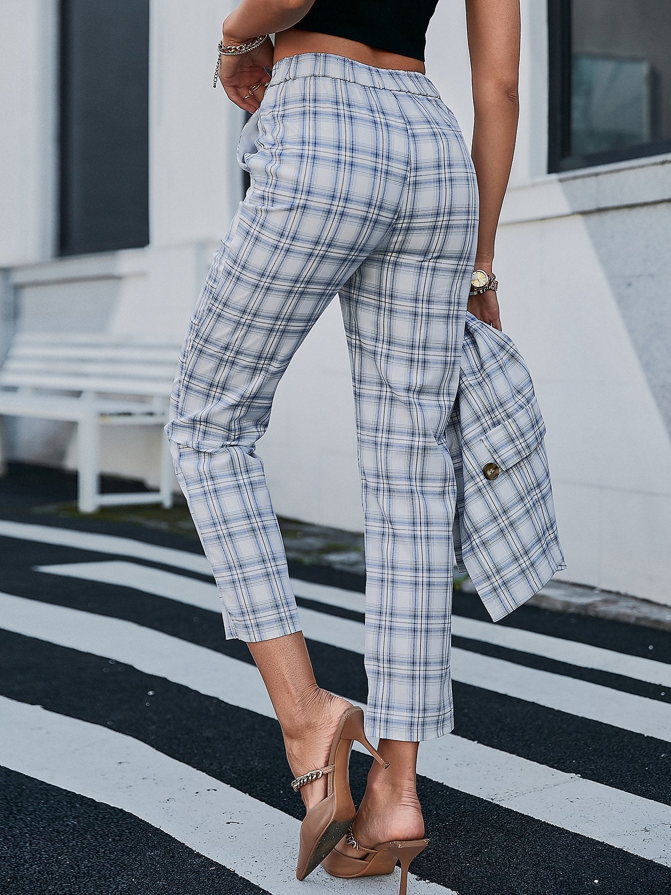 Plaid Cropped Pants with Side Pockets BLUE ZONE PLANET