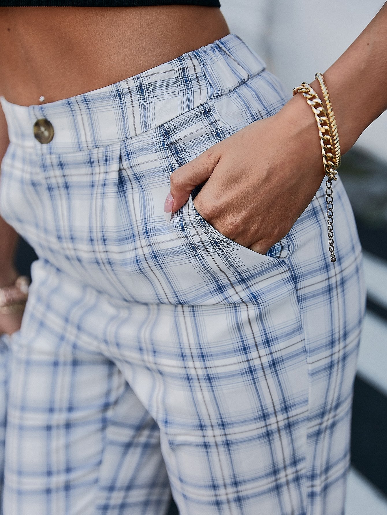 Plaid Cropped Pants with Side Pockets BLUE ZONE PLANET