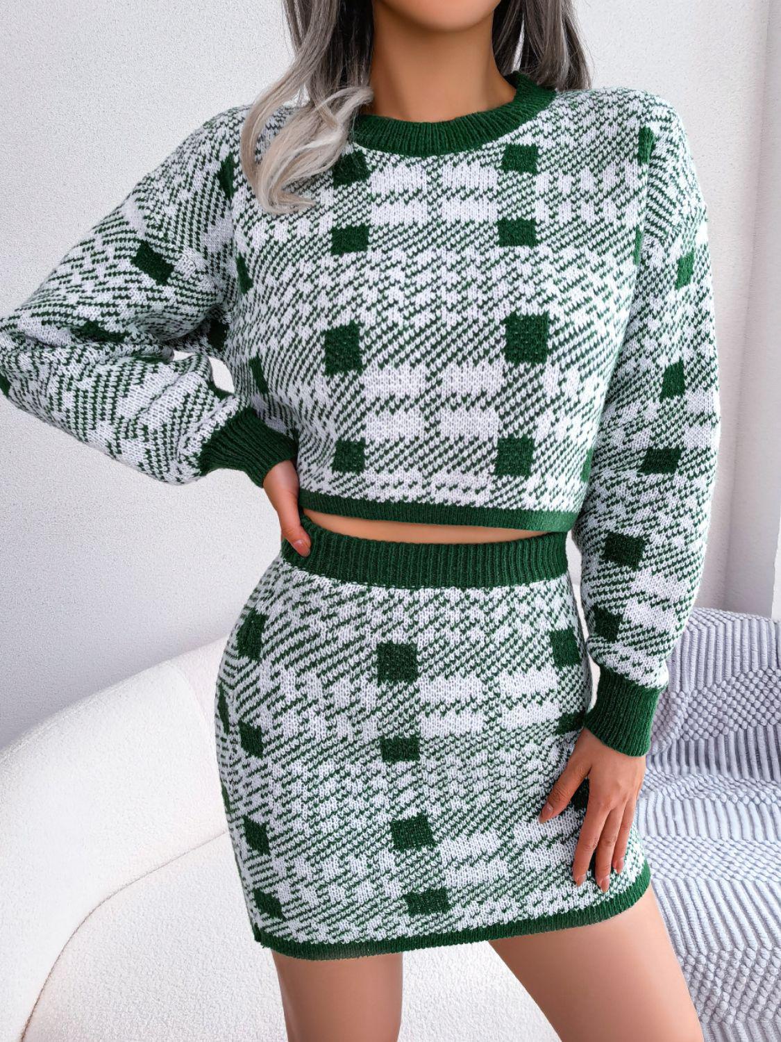 Plaid Cropped Sweater and Knit Skirt Set-TOPS / DRESSES-[Adult]-[Female]-Green-S-2022 Online Blue Zone Planet