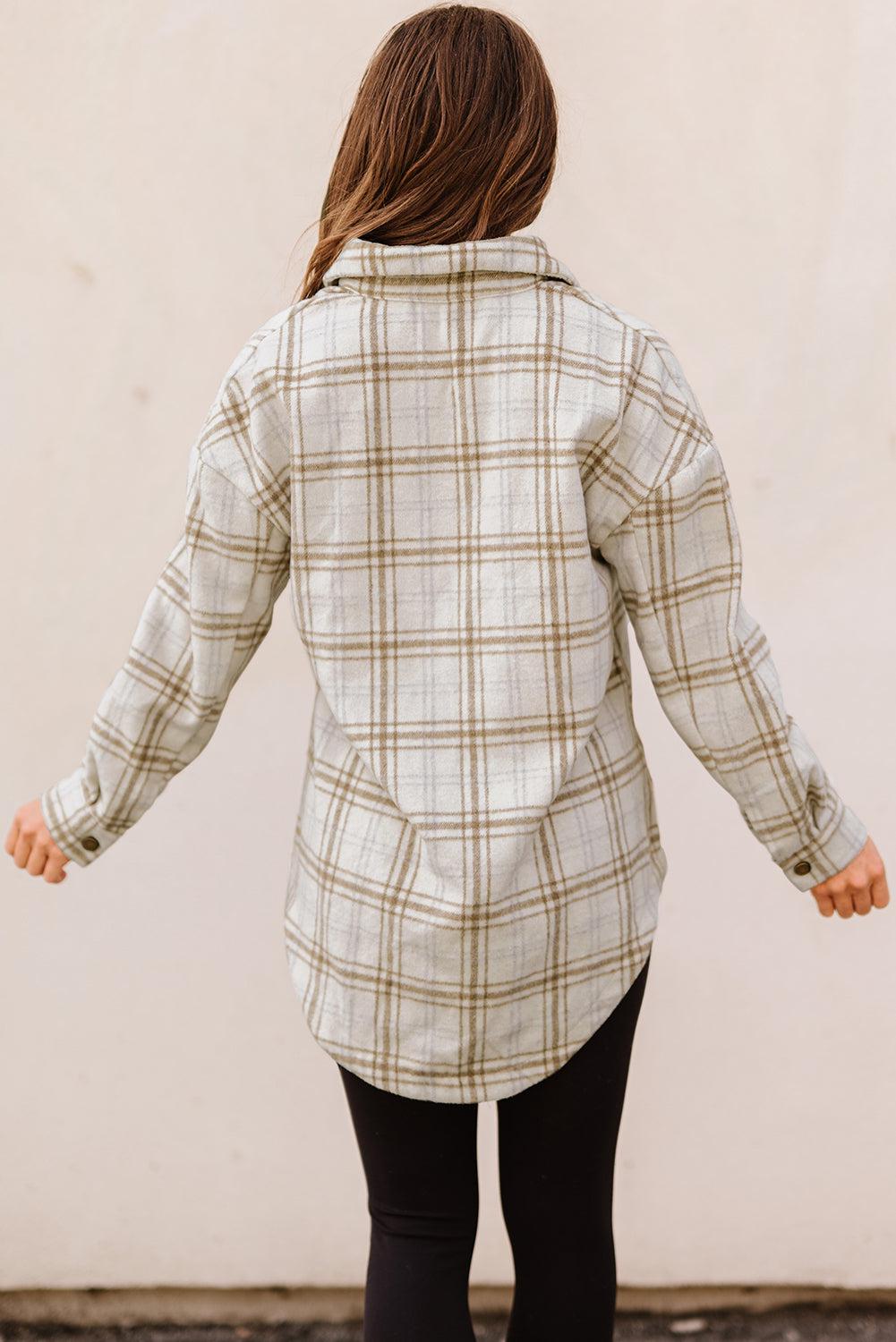 Plaid Curved Hem Dropped Shoulder Shirt Jacket BLUE ZONE PLANET