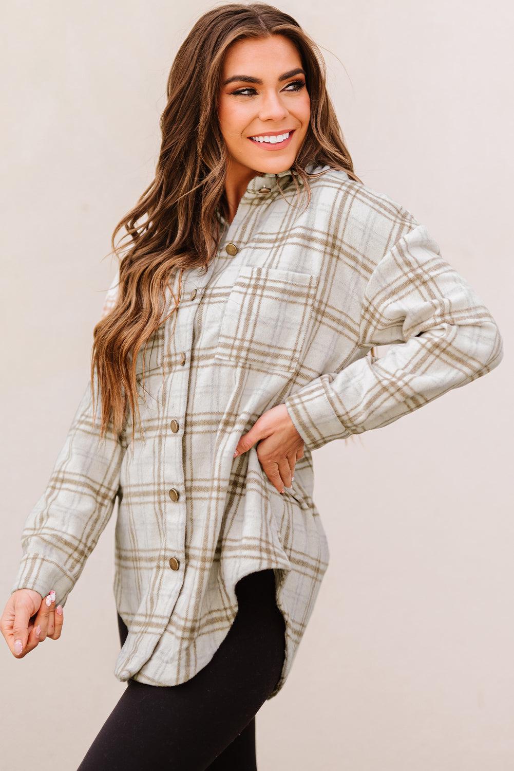 Plaid Curved Hem Dropped Shoulder Shirt Jacket BLUE ZONE PLANET