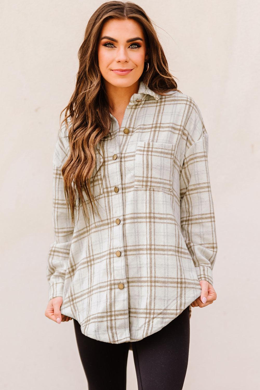 Plaid Curved Hem Dropped Shoulder Shirt Jacket BLUE ZONE PLANET