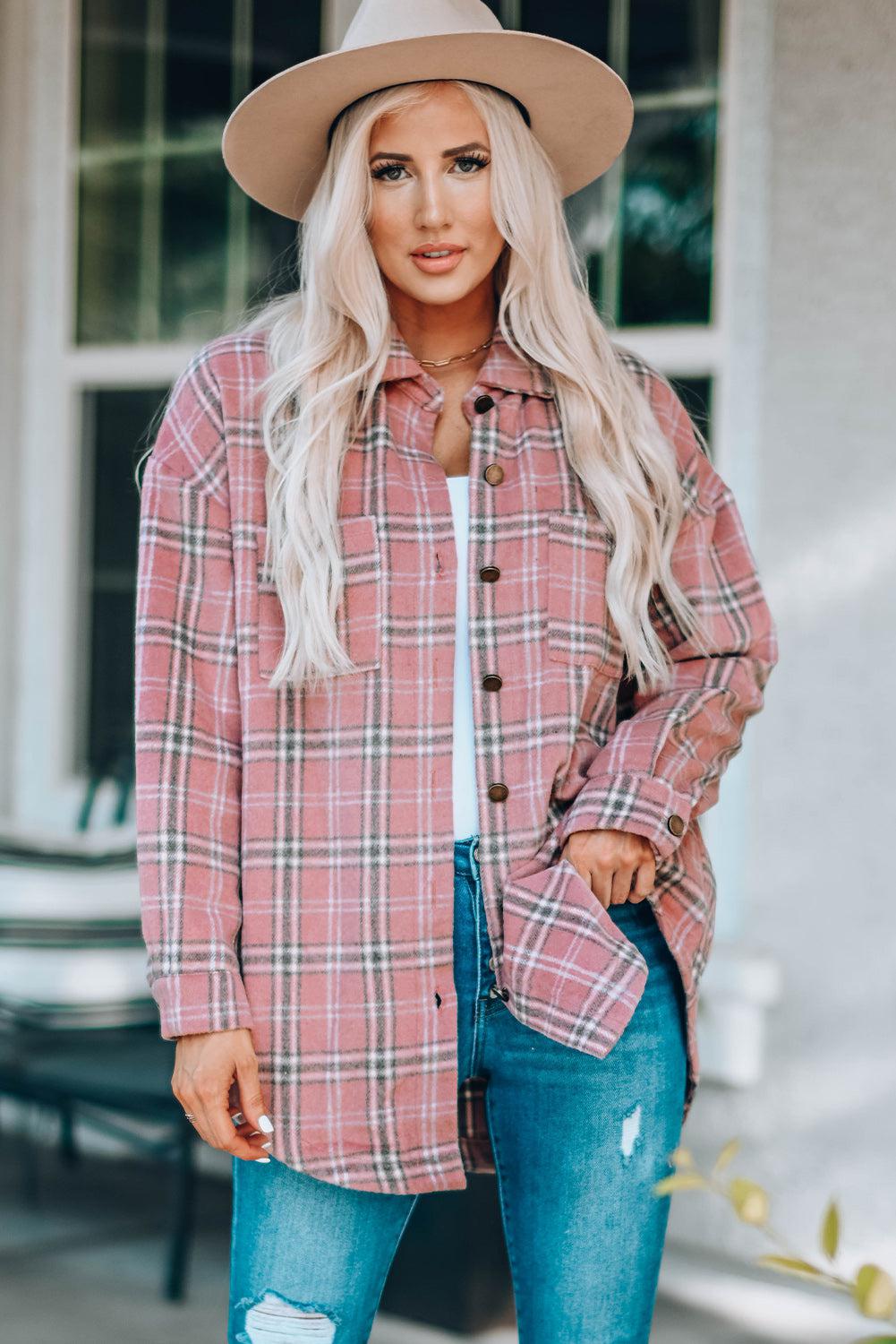 Plaid Curved Hem Dropped Shoulder Shirt Jacket BLUE ZONE PLANET