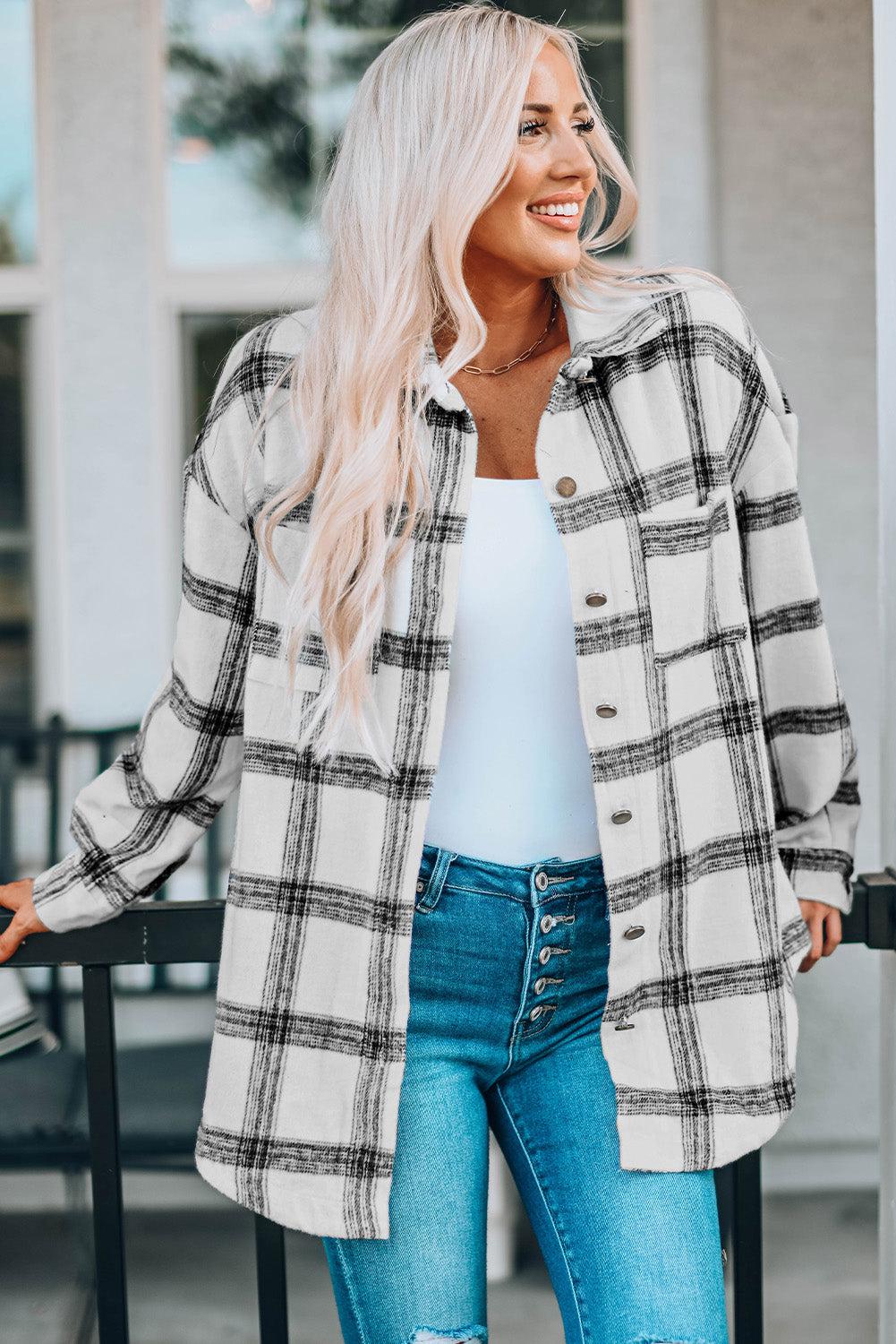 Plaid Curved Hem Dropped Shoulder Shirt Jacket BLUE ZONE PLANET