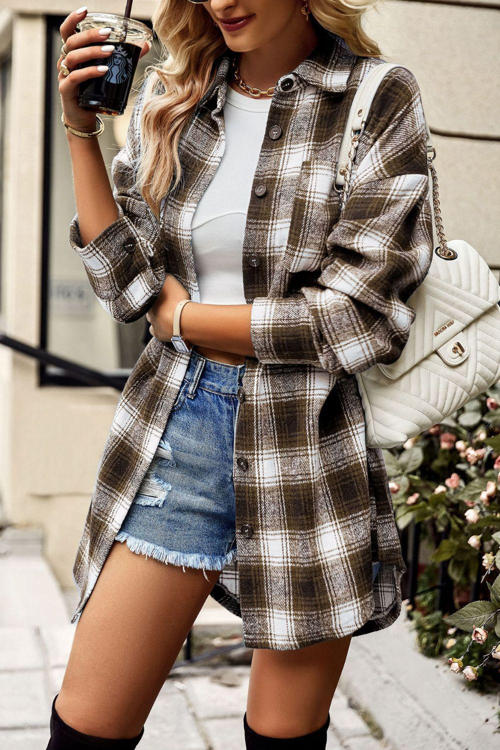 Plaid Curved Hem Longline Shirt Jacket BLUE ZONE PLANET