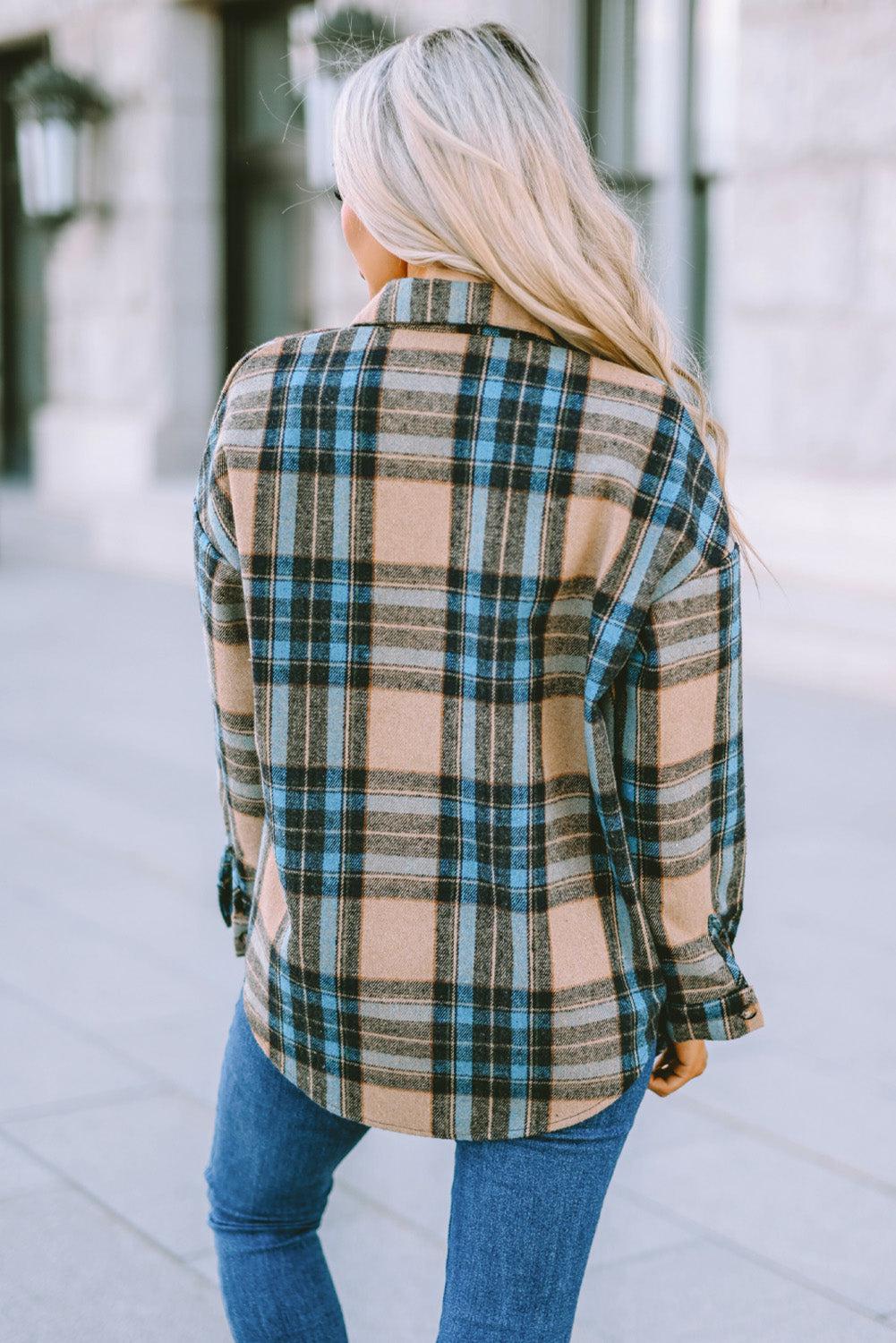 Plaid Curved Hem Shirt Jacket with Breast Pockets-TOPS / DRESSES-[Adult]-[Female]-Blue Zone Planet