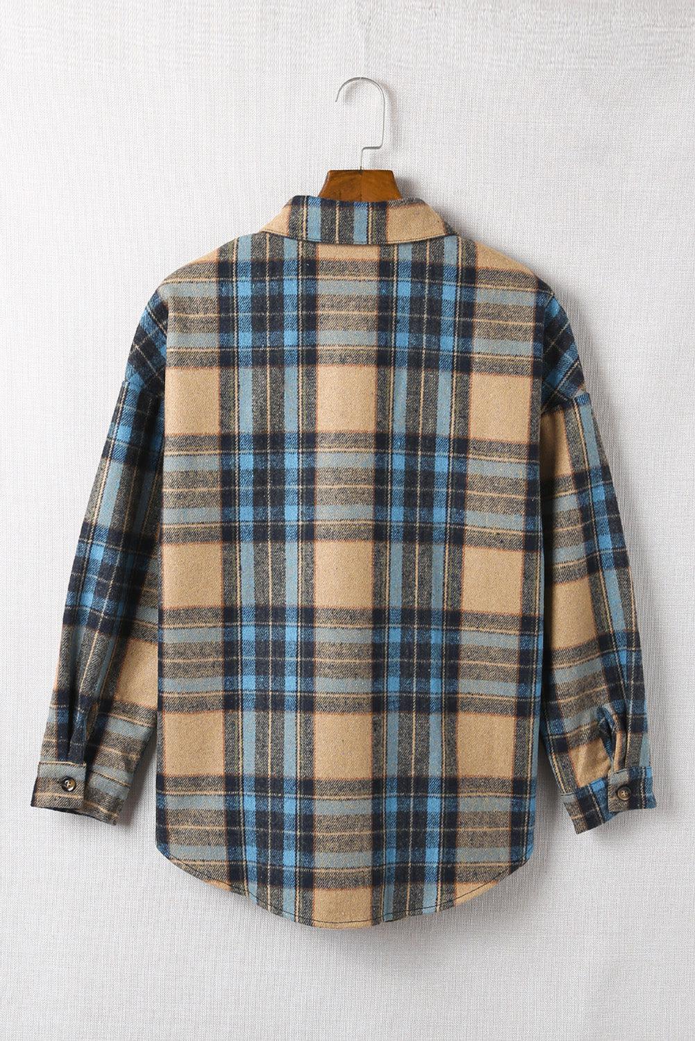 Plaid Curved Hem Shirt Jacket with Breast Pockets BLUE ZONE PLANET