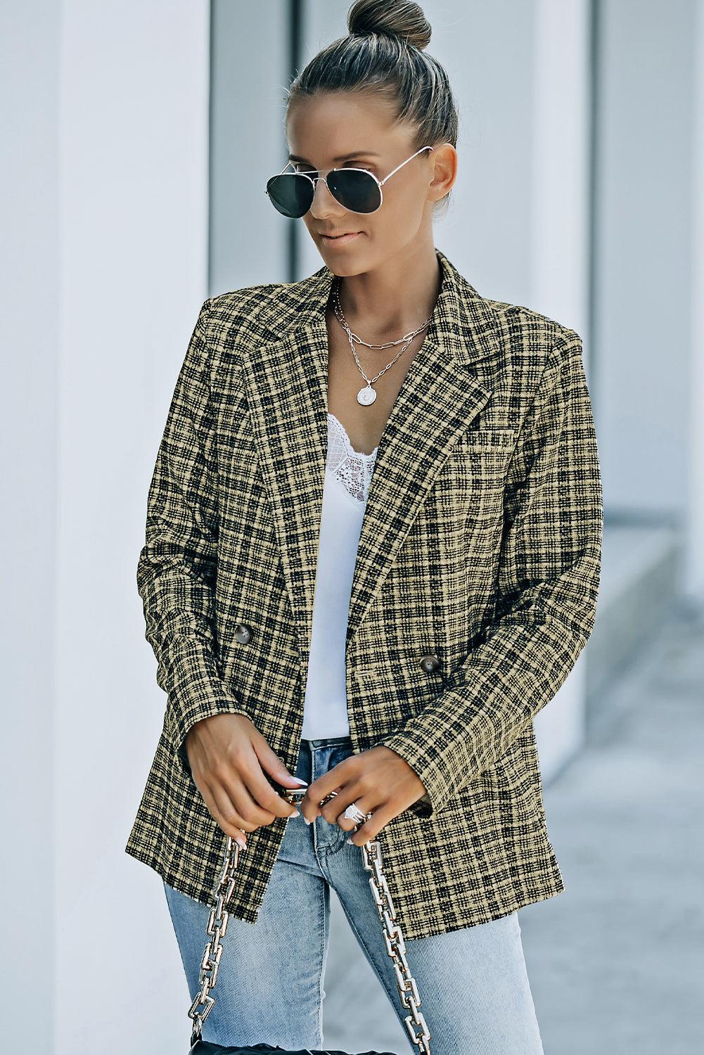 Plaid Double-Breasted Long Sleeve Blazer BLUE ZONE PLANET