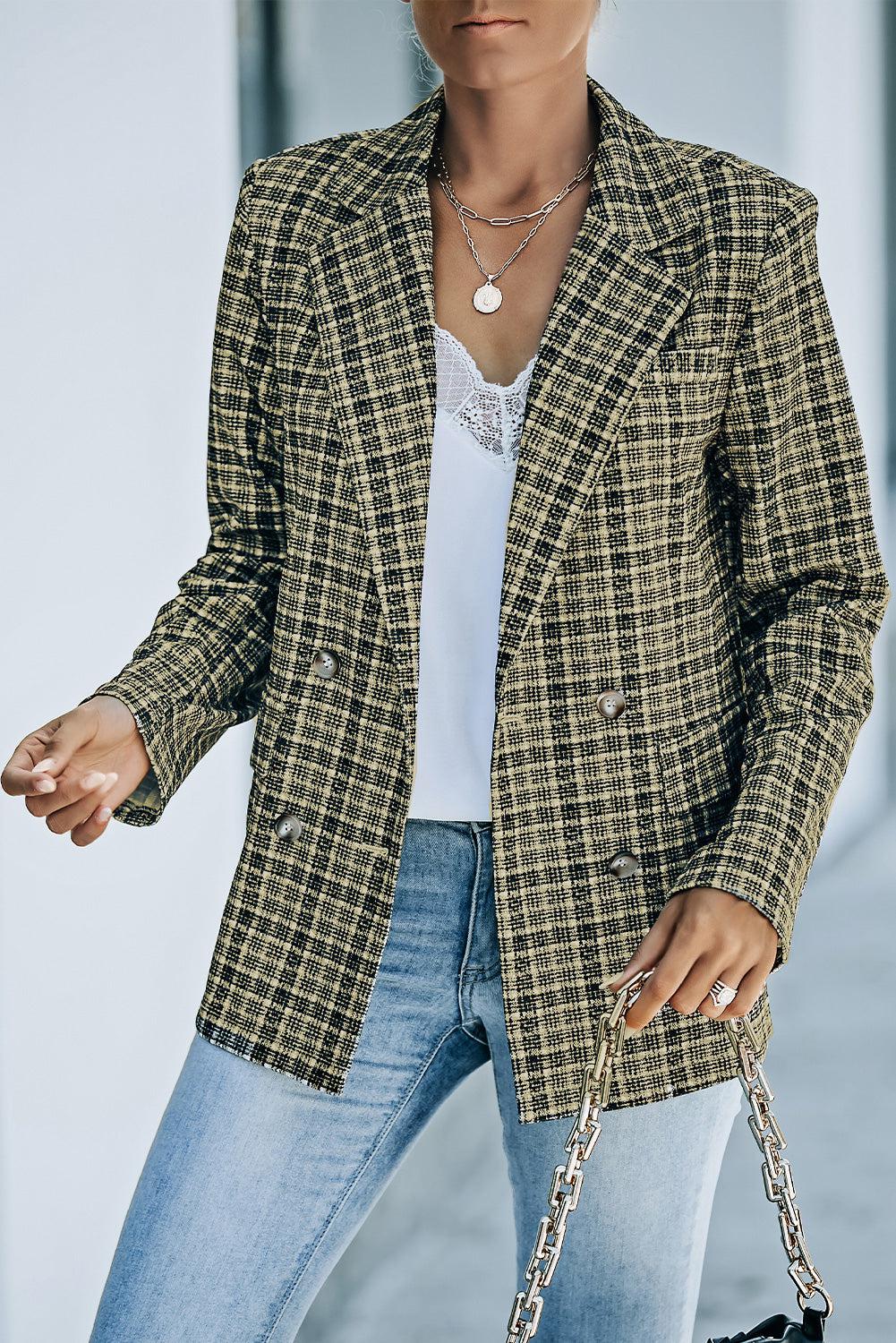 Plaid Double-Breasted Long Sleeve Blazer BLUE ZONE PLANET