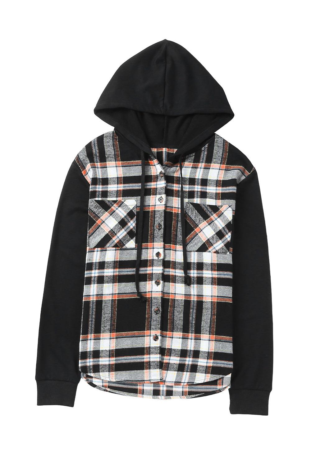 Plaid Drawstring Button Front Hooded Jacket BLUE ZONE PLANET