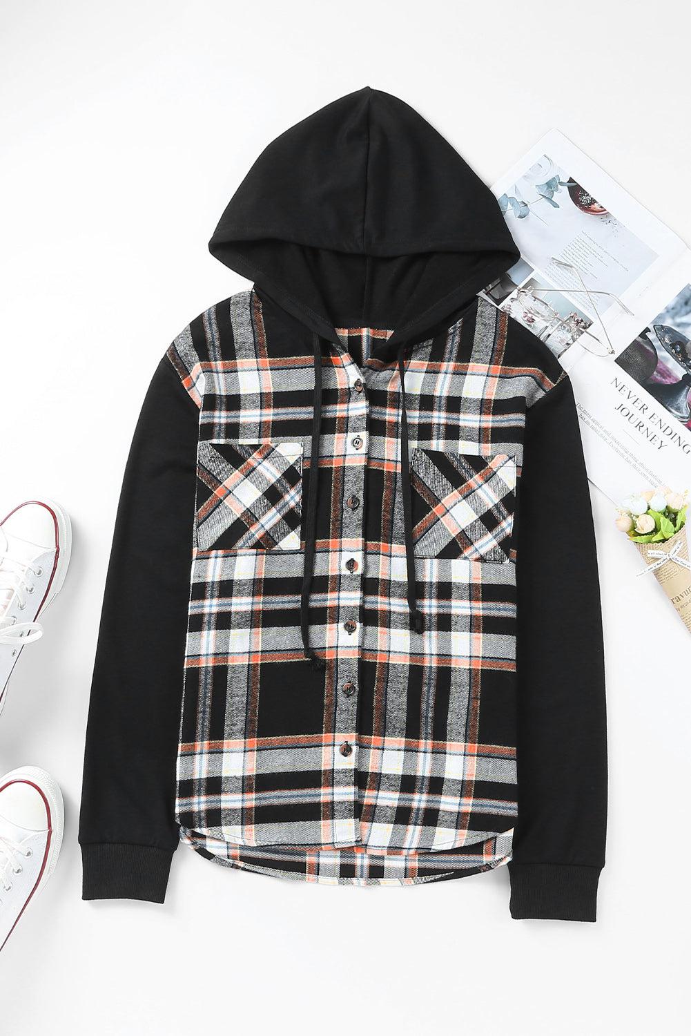 Plaid Drawstring Button Front Hooded Jacket BLUE ZONE PLANET