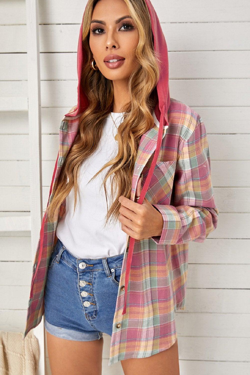 Plaid Drawstring Hooded Shirt Jacket BLUE ZONE PLANET