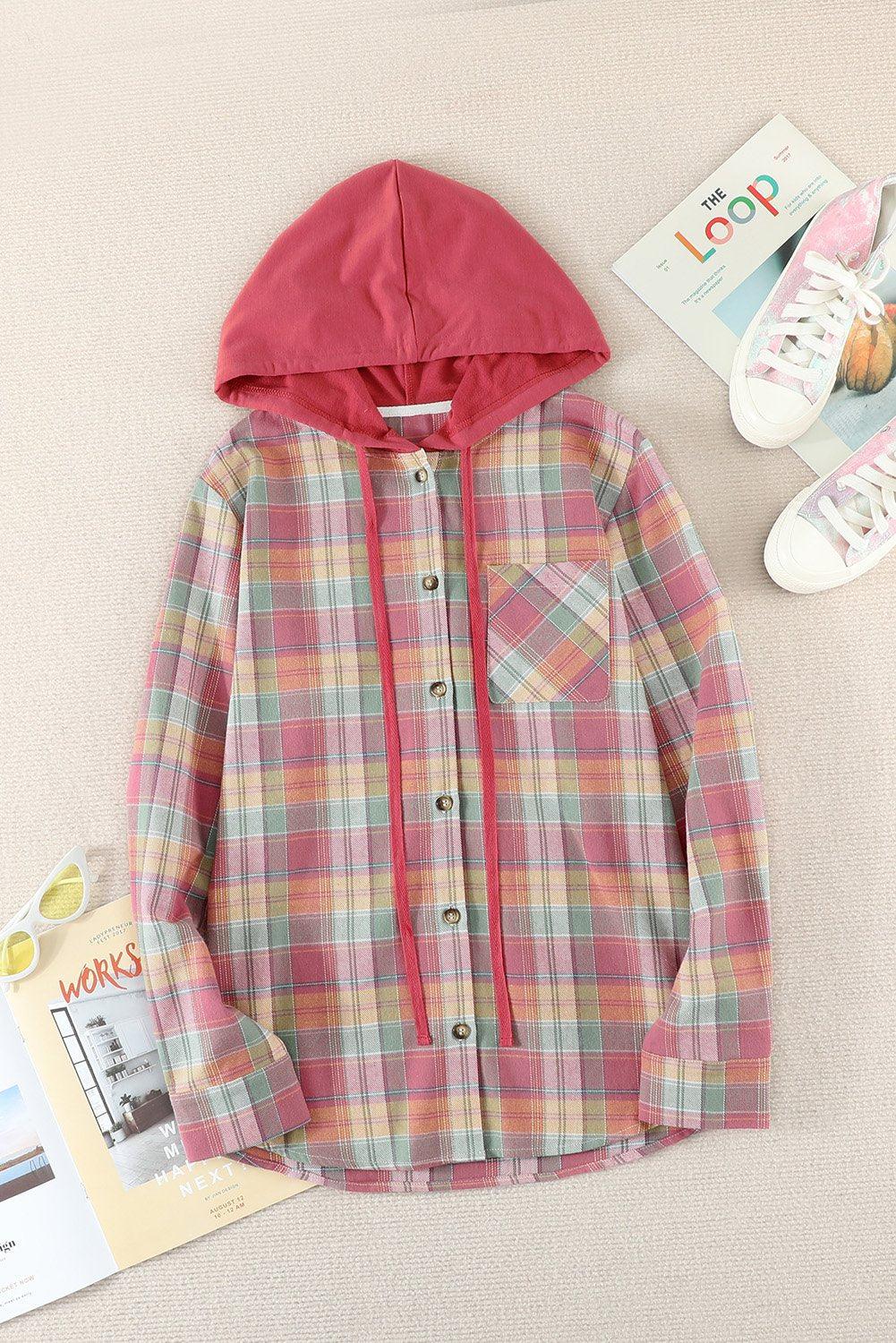 Plaid Drawstring Hooded Shirt Jacket BLUE ZONE PLANET