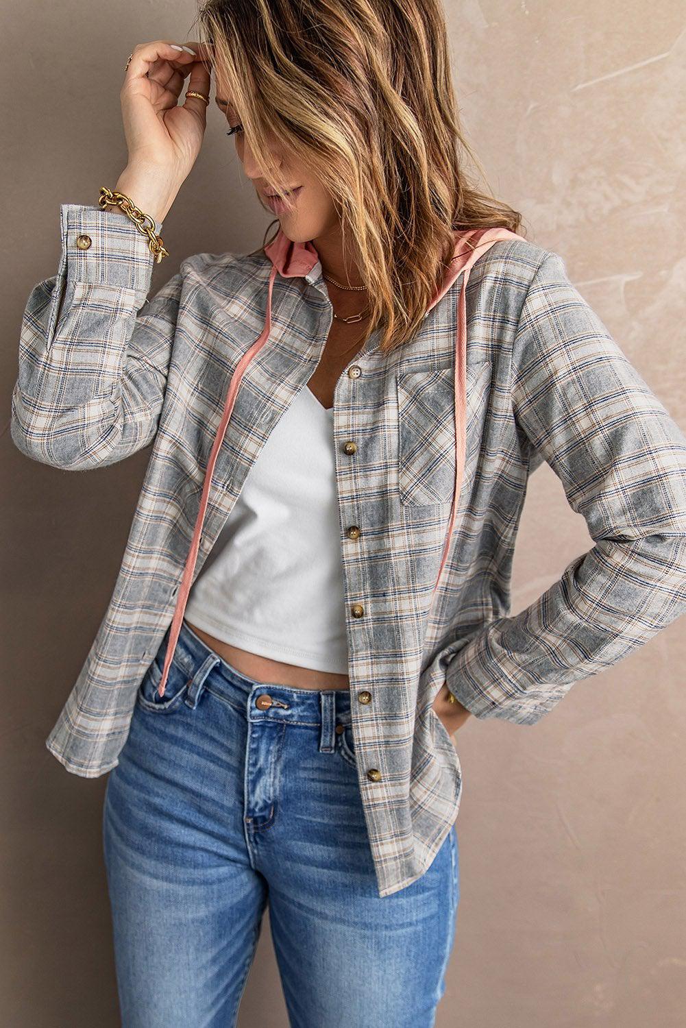 Plaid Drawstring Hooded Shirt Jacket BLUE ZONE PLANET