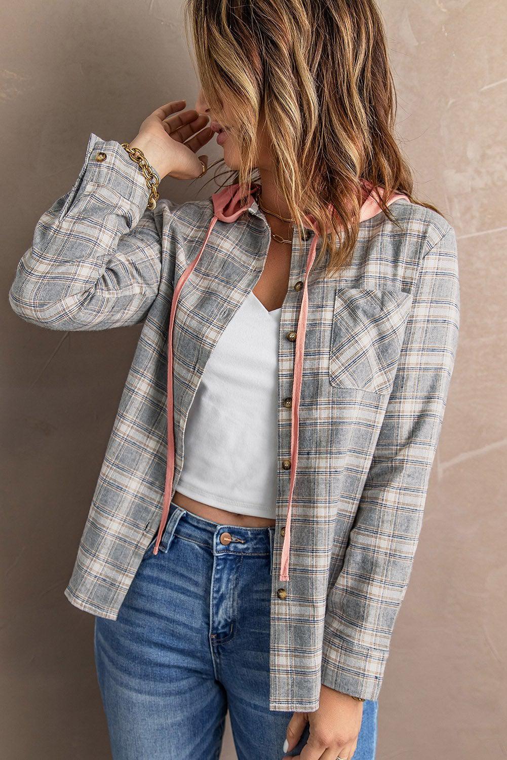 Plaid Drawstring Hooded Shirt Jacket BLUE ZONE PLANET