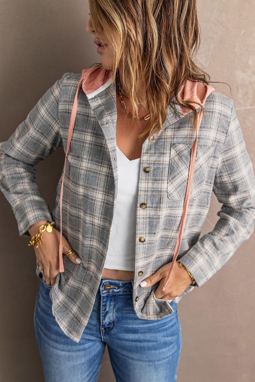 Plaid Drawstring Hooded Shirt Jacket BLUE ZONE PLANET