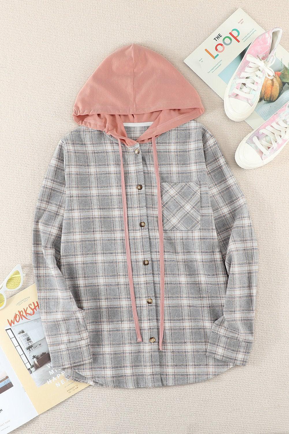 Plaid Drawstring Hooded Shirt Jacket BLUE ZONE PLANET