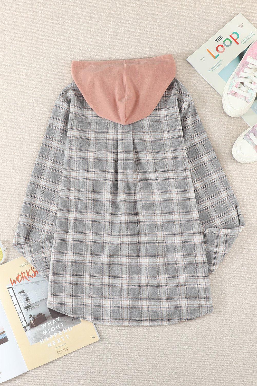 Plaid Drawstring Hooded Shirt Jacket BLUE ZONE PLANET