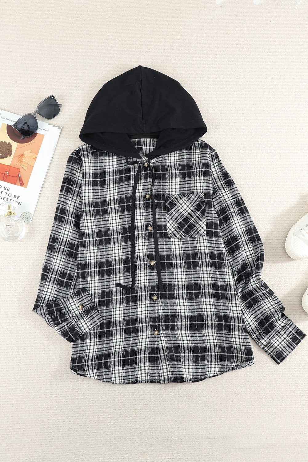 Plaid Drawstring Hooded Shirt Jacket BLUE ZONE PLANET