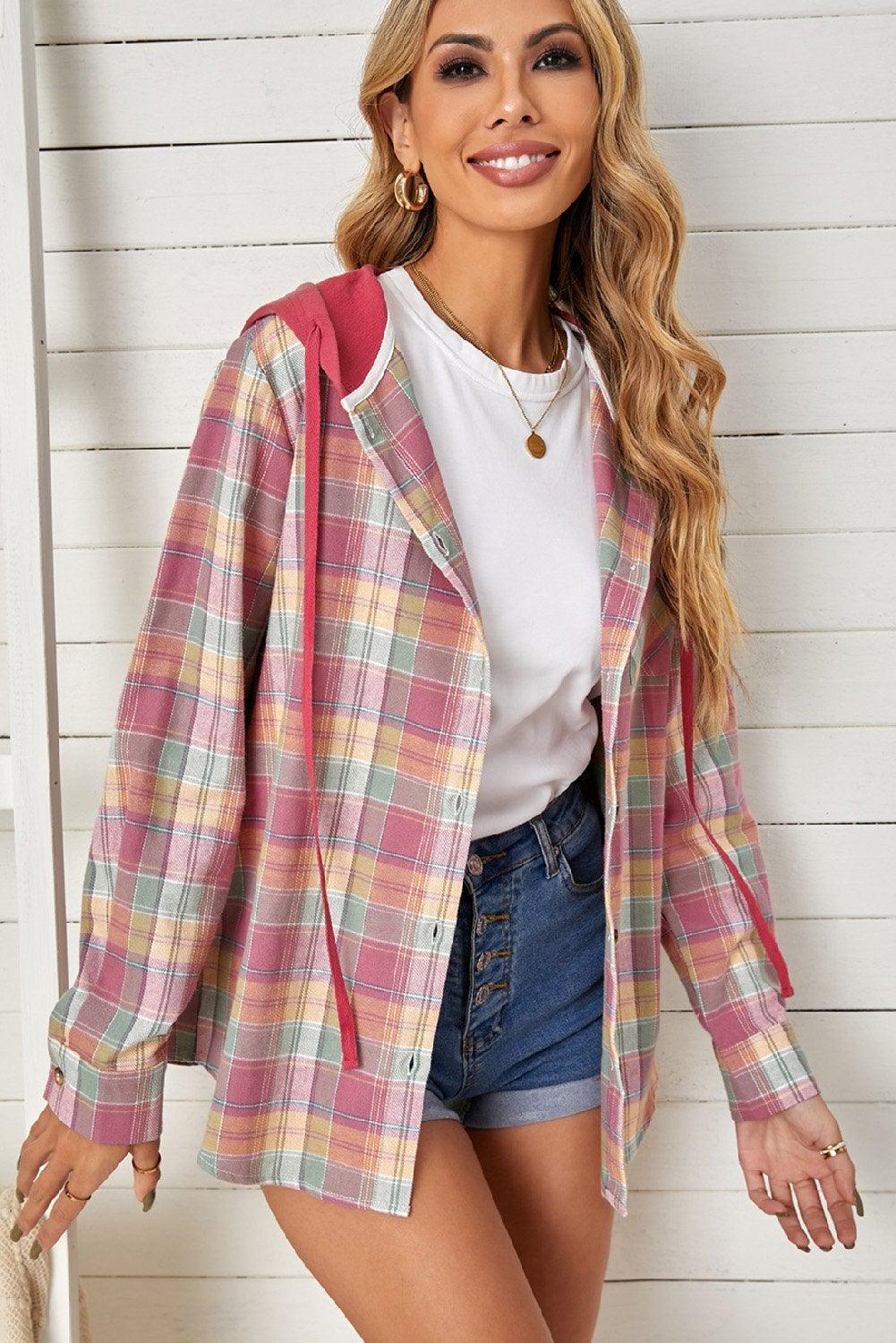 Plaid Drawstring Hooded Shirt Jacket BLUE ZONE PLANET