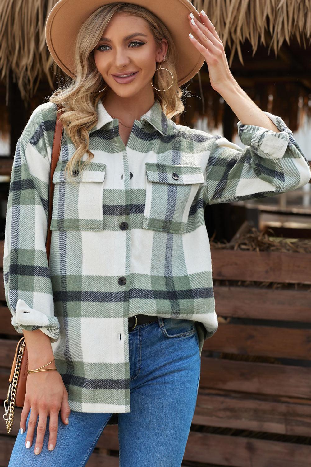 Plaid Dropped Shoulder Pocket Shacket BLUE ZONE PLANET