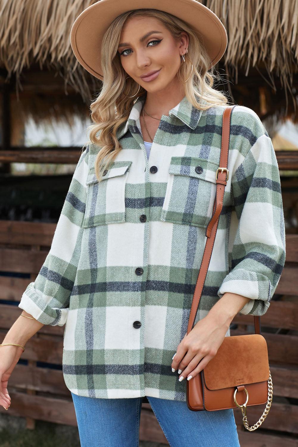 Plaid Dropped Shoulder Pocket Shacket BLUE ZONE PLANET