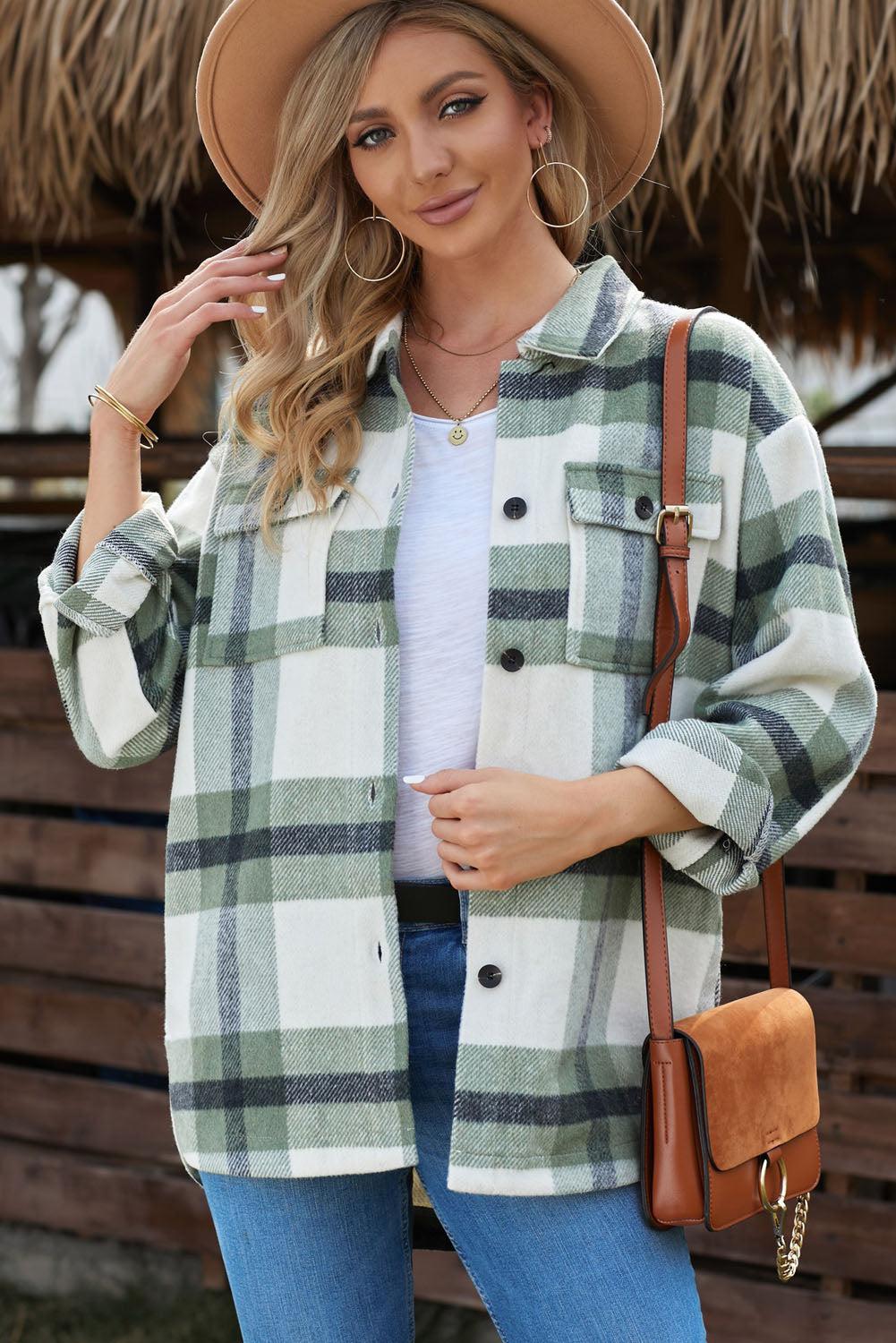 Plaid Dropped Shoulder Pocket Shacket BLUE ZONE PLANET