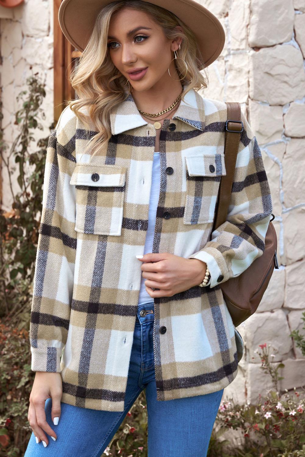 Plaid Dropped Shoulder Pocket Shacket BLUE ZONE PLANET