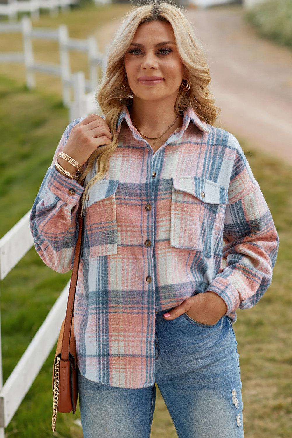 Plaid Dropped Shoulder Shacket BLUE ZONE PLANET