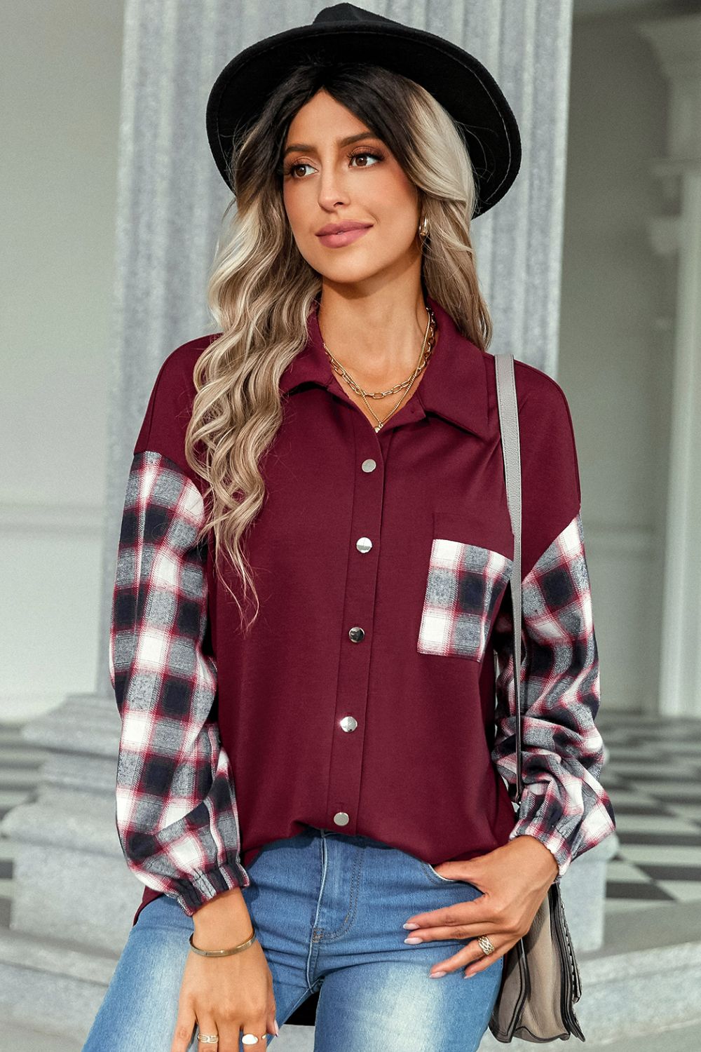 Plaid Dropped Shoulder Shirt with Breast Pocket BLUE ZONE PLANET