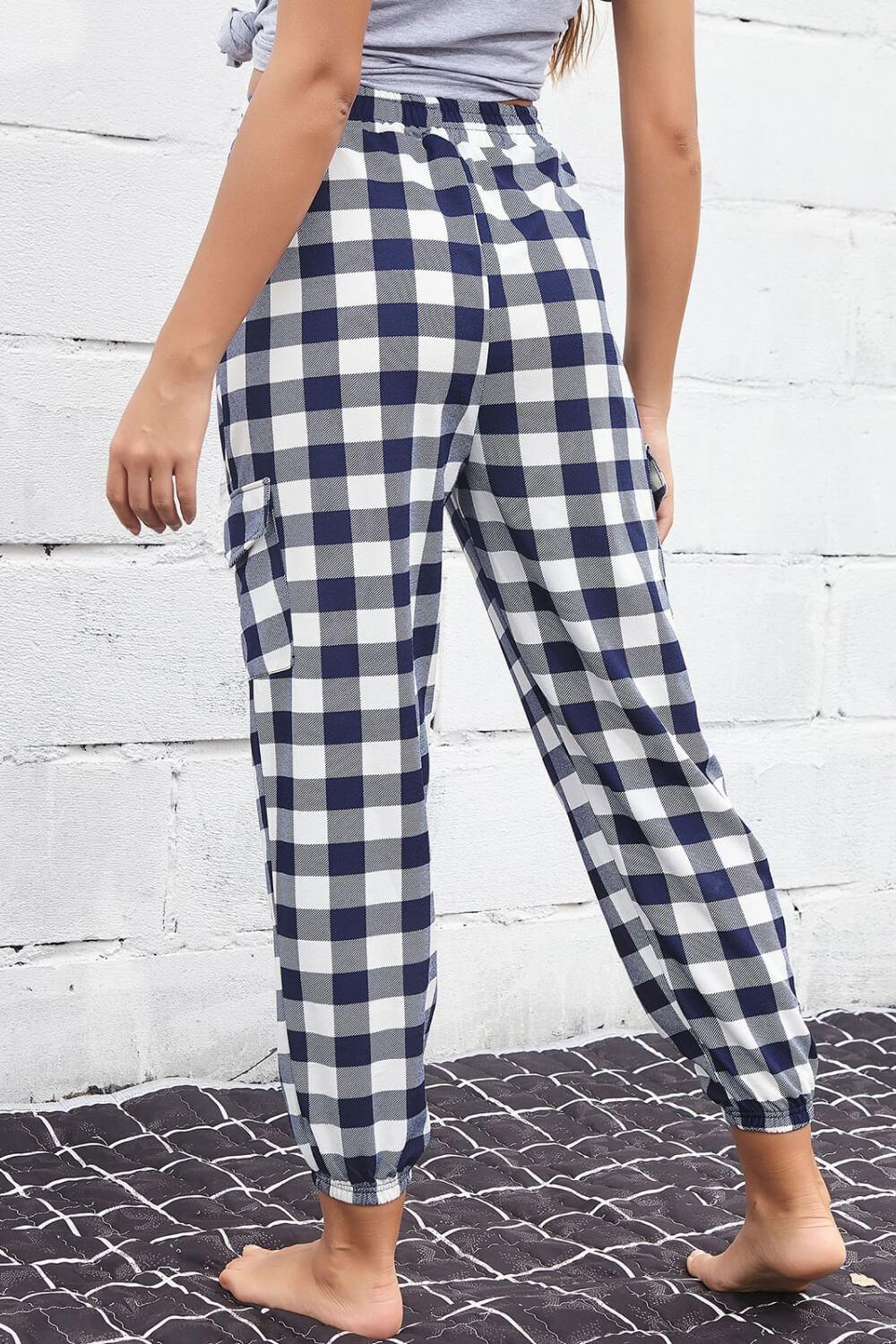 Plaid Elastic High Waist Cargo Pants BLUE ZONE PLANET