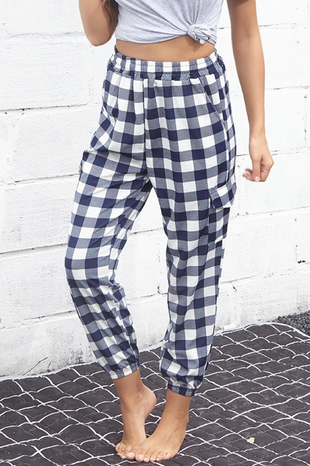 Plaid Elastic High Waist Cargo Pants BLUE ZONE PLANET