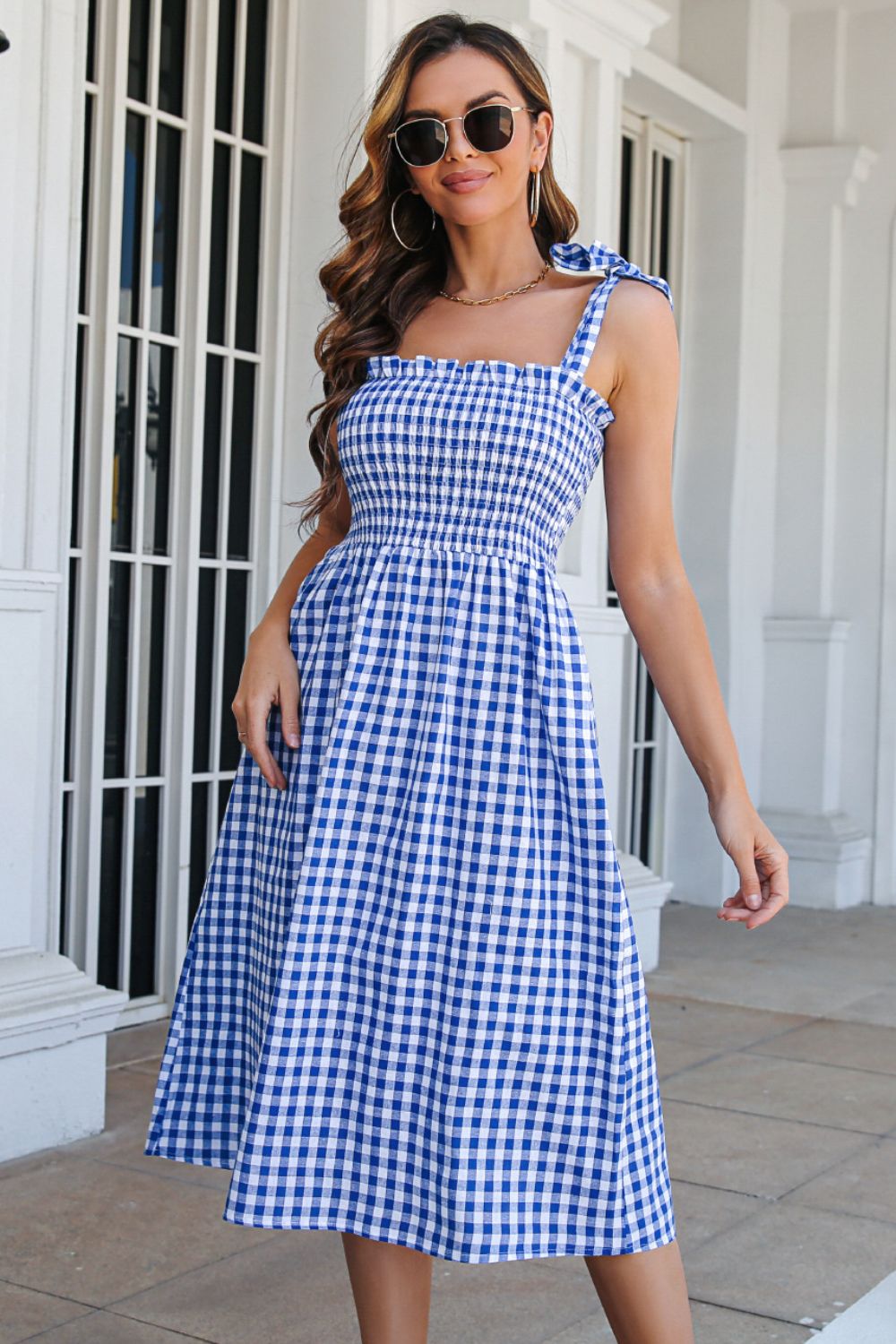 Plaid Frill Trim Tie Shoulder Midi Dress BLUE ZONE PLANET