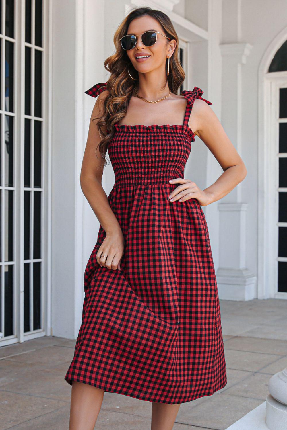 Plaid Frill Trim Tie Shoulder Midi Dress BLUE ZONE PLANET