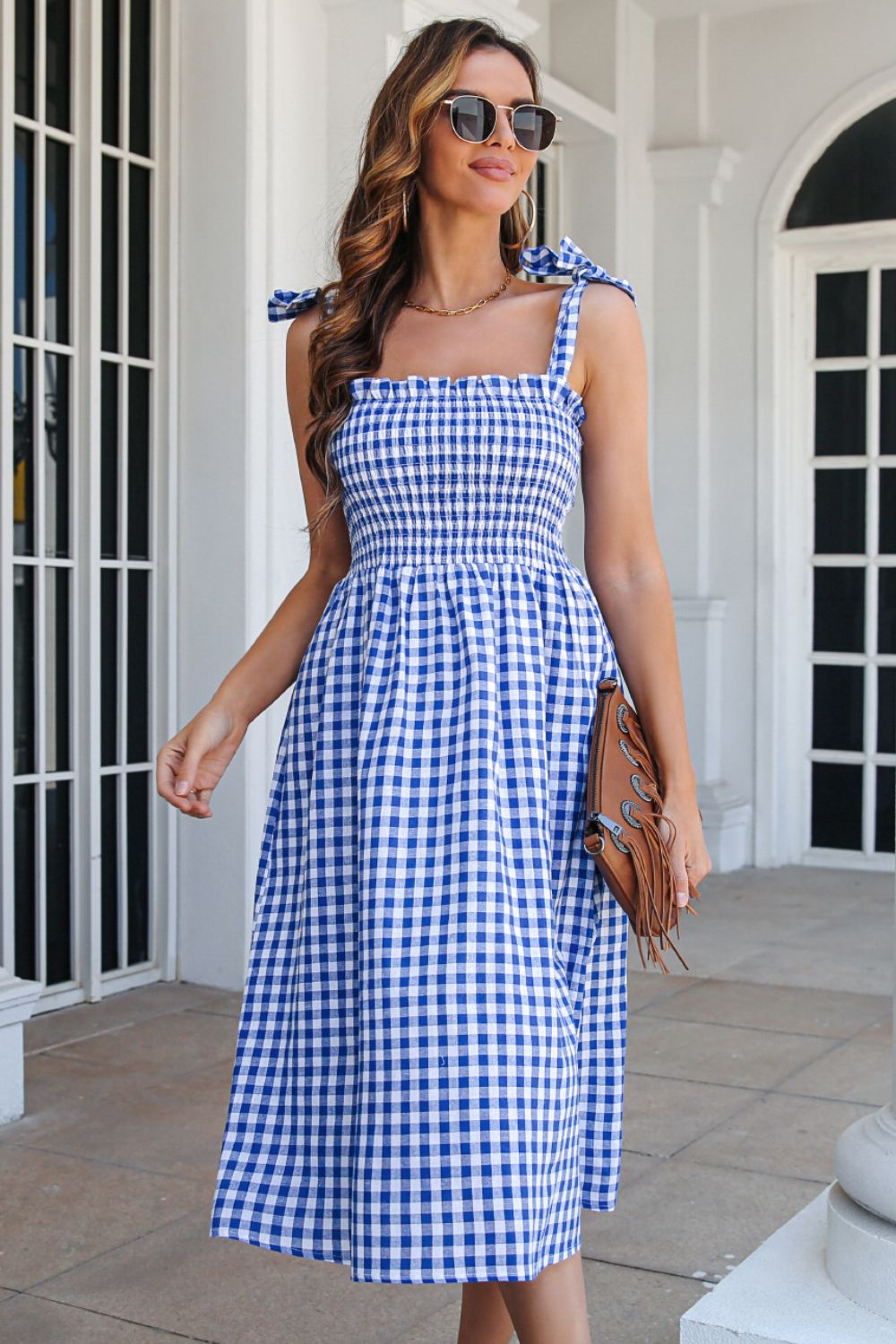 Plaid Frill Trim Tie Shoulder Midi Dress BLUE ZONE PLANET