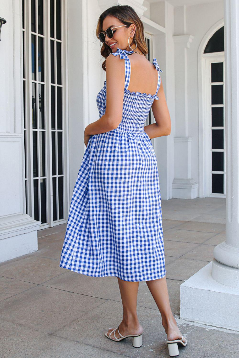 Plaid Frill Trim Tie Shoulder Midi Dress BLUE ZONE PLANET