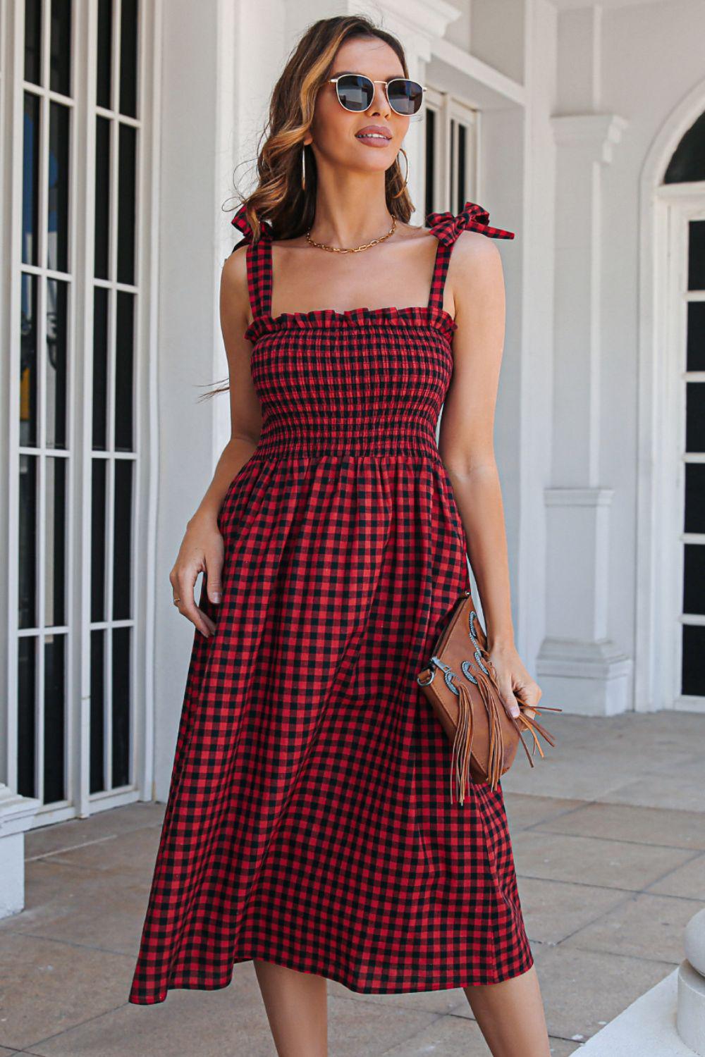 Plaid Frill Trim Tie Shoulder Midi Dress BLUE ZONE PLANET