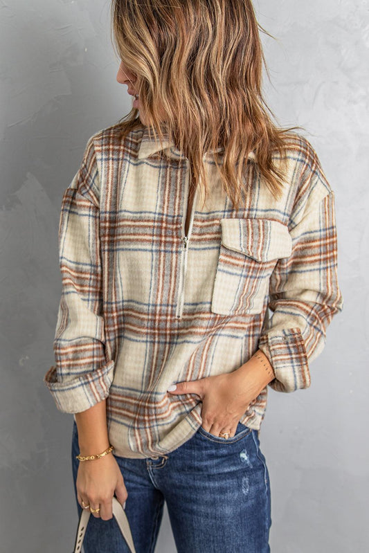 Plaid Half-Zip Collared Curved Hem Sweatshirt BLUE ZONE PLANET